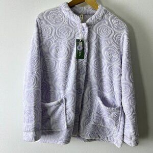 NWT La Cera Purple Floral Pockets Button Front Fleece Bed Jacket Women's Large‎